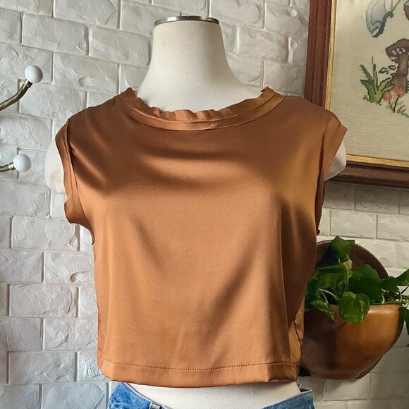 Nonchalant the Label Mel Crop in Brown Metallic Copper 100% Silk Crop Top - Picture 5 of 16